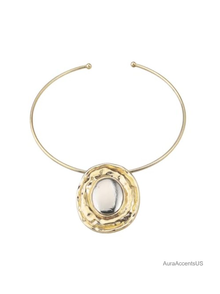 Chunky Statement African Choker Necklace With Gold Oval Pendant Tribal Collar